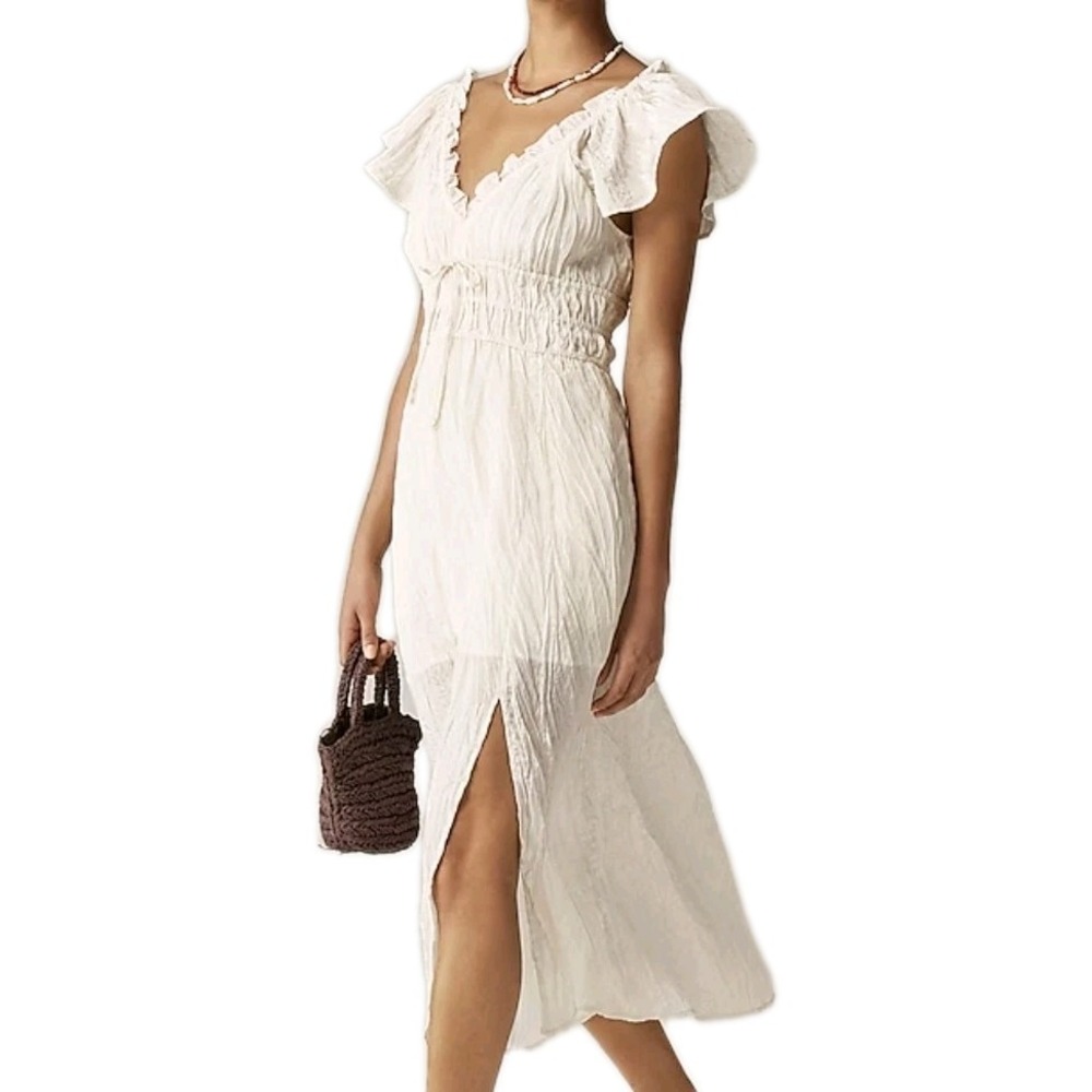 J.Crew Palermo Dress‎ XL Natural Viscose Blend Crinkle Maxi Ruffle Sleeve NWT